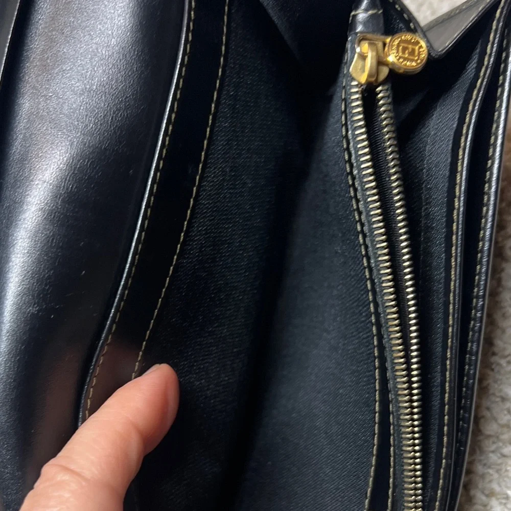 FENDI Black and Brown Striped Continental Wallet with Gold Tone Chain